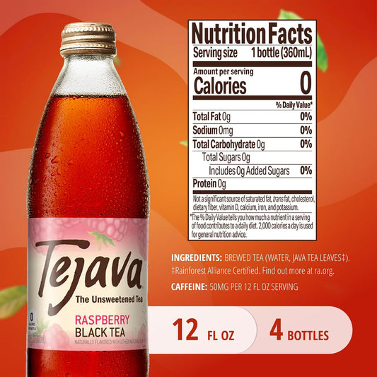 Tejava Raspberry Unsweetened Black Iced Tea, 12 fl oz, Pack of 4