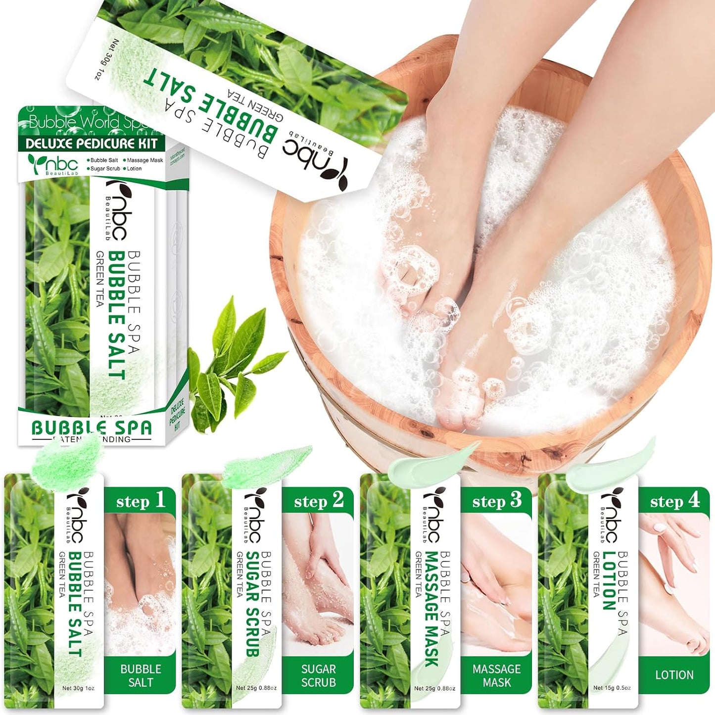 Pedicure Kit Foot Soak Set: Bubble Salt, Sugar Scrub, Massage Mask, Massage Lotion in a Box, 4 Step Foot Spa Kit for Dry Feet, Softens Calluses, Tired Feet（3 Set Lavender) - Colors B