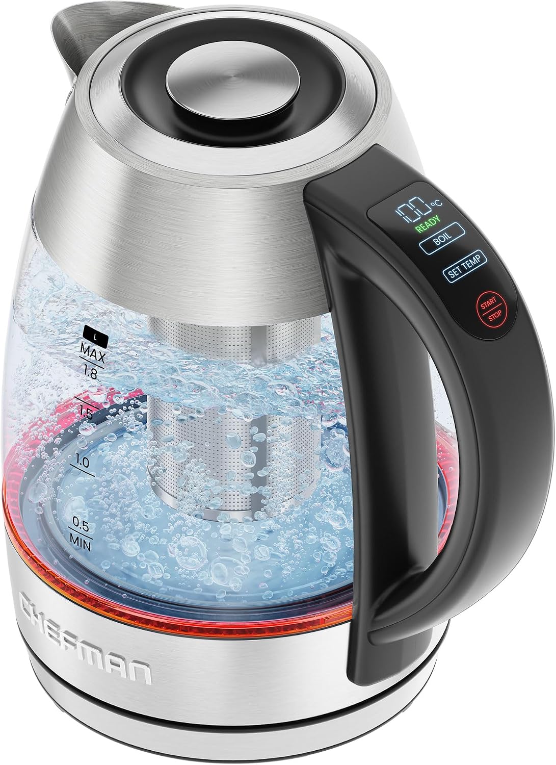 CHEFMAN Electric Kettle - 1.2L 1500W Hot Water Tea Pot with Infuser, BPA Free, Auto Shut Off, Boil-Dry Protection, Removable Lid, LED Light, Cordless Glass Electric Tea Kettle – Stainless Steel