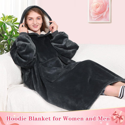 Waitu Wearable Blanket Sweatshirt Gifts for Women and Men, Warm and Cozy Giant Blanket Hoodie, Thick Flannel Blanket with Sleeves and Giant Pocket - Dark Gray
