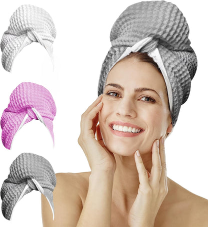 Microfiber Hair Wrap for Women - Extra Large 45 x 25 Quick-Dry Towel, Anti-Frizz, Breathable, Waffle Knit, Elastic Loop for Wet, Curly & Straight Styles - Grey - Microfiber Hair Towel