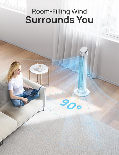 DREO Tower Fan for Bedroom, 90° Oscillating Fans that Blow Cold Air, 5 Speeds, 4 Modes with 26ft/s Velocity, 12H & 28dB Quiet Timer, Remote, Touch, 40" Standing Floor Fan for Home Office, Black