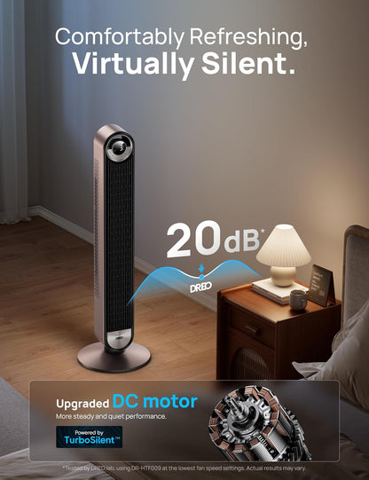 DREO Tower Fan for Bedroom, Upgraded DC 9 Speeds 20dB Ultra-Quiet Floor Fan, 90° Oscillating Fans with 28ft/s Velocity, 12H Timer, Standing Fan, Bladeless Fan Powerful for Home, Black