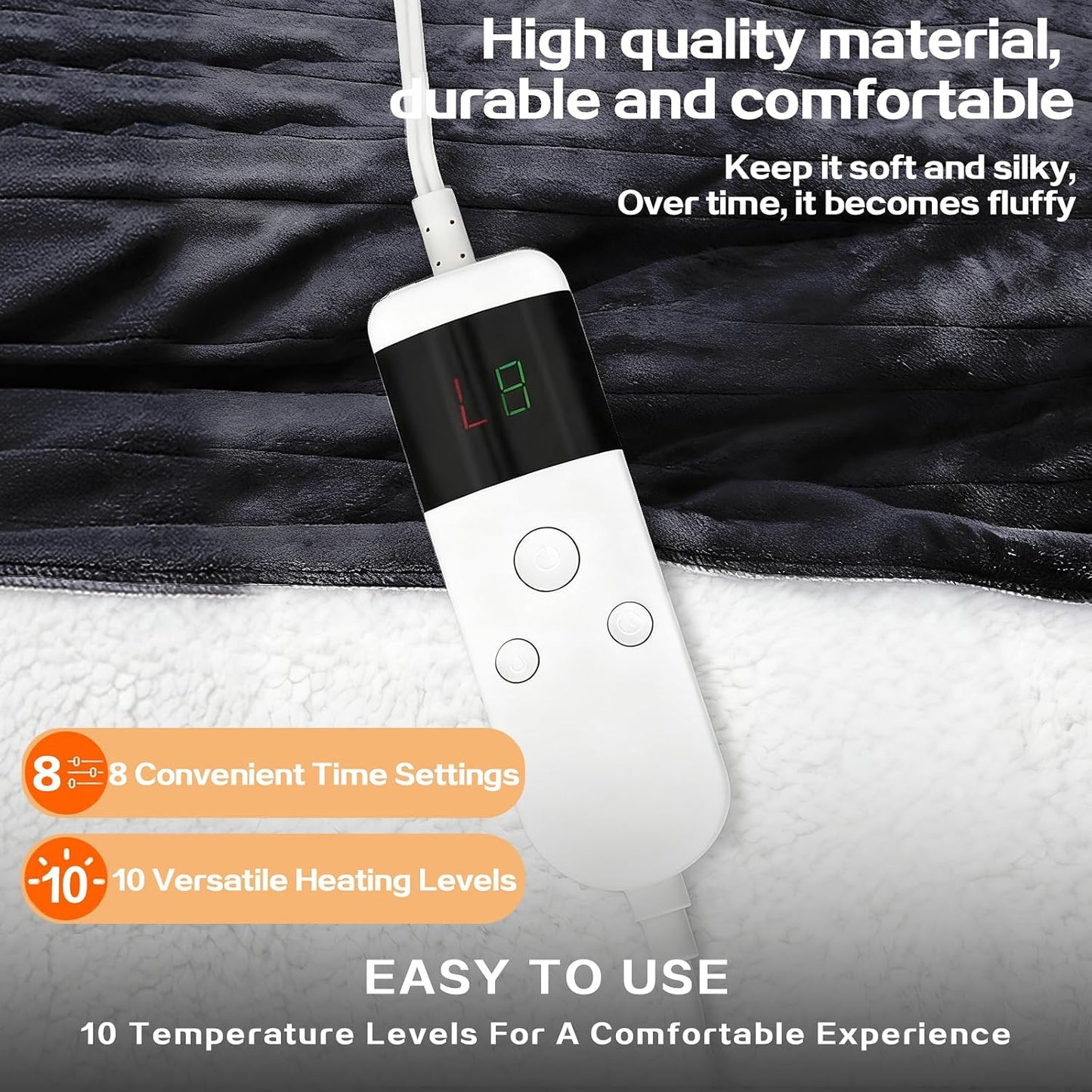 Electric Heated Blanket Throw Size 50''x60''-Control Heating Blanket, Soft & Warm Flannel 10-Level Temperature Control, 8 Hours Auto Off, Rapid Heating & Overheat Protection