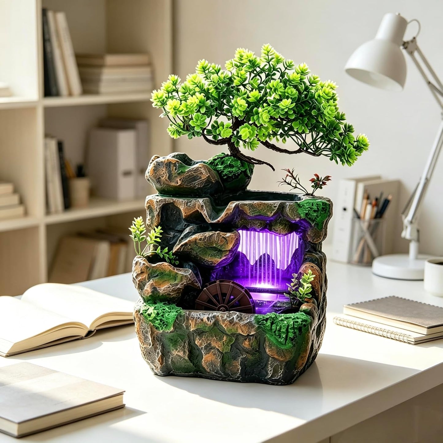Mini Artificial Bonsai Tree Waterfall Fog Feature Rock Tabletop Fountain | 11in Desktop Decor Waterfall Fountain W/ Water Pump& Atomizer&LED Lights &Fake Tree Office Bedroom Relax