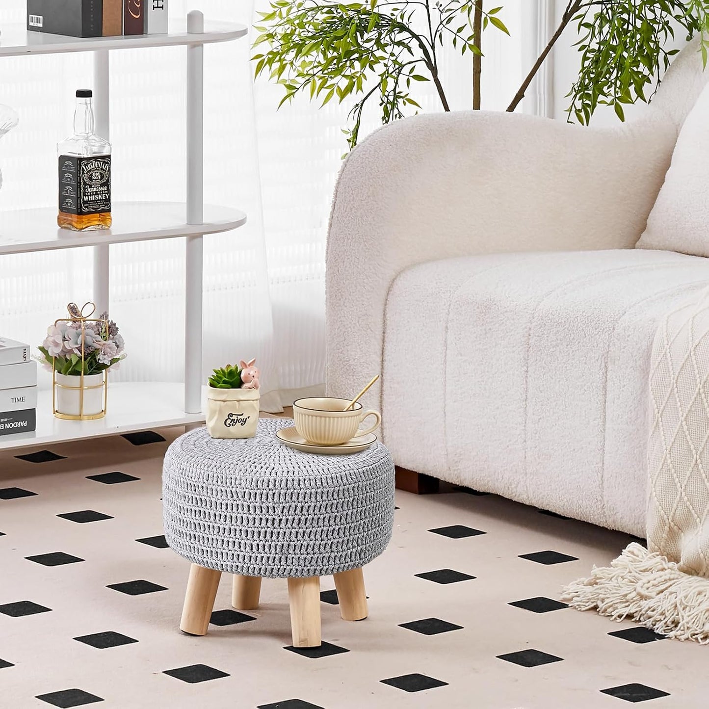Wimarsbon Pouf Ottoman, 100% Cotton Knitted Boho Footstool, Round Footrest with Non-Skid Wood Legs, Home Décor Handmade Pouffe, Leisure Floor Step Stool for Living Room (Beige)