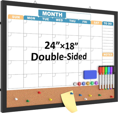 Monthly Calendar Dry Erase Board 16x12 Inch, Double-Sided Whiteboard and Corkboard Combo, Wall Mounted Planner Organizer with Markers, Magnets, Push Pins, Eraser, for Home Office School