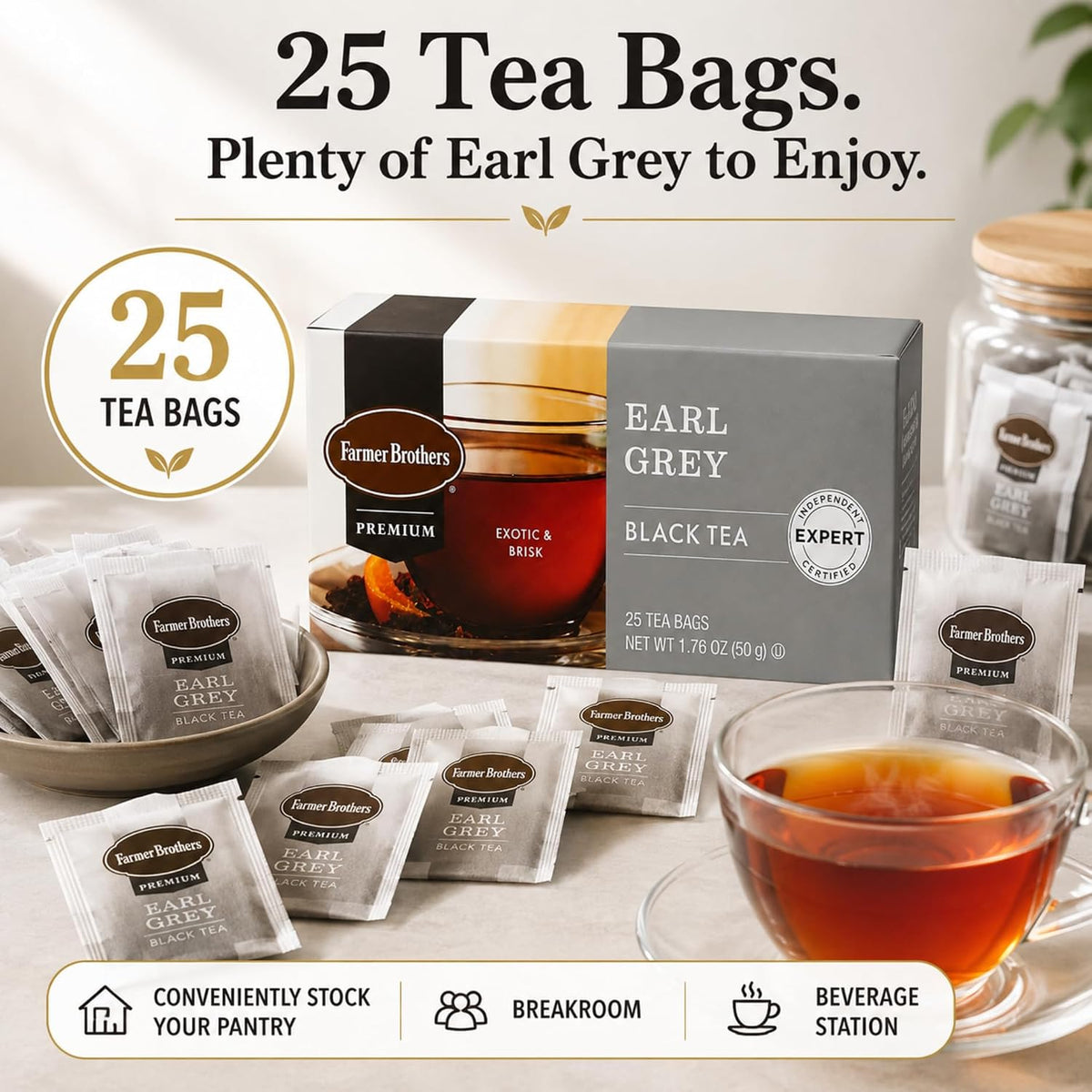 Farmer Brothers Premium Earl Grey Black Tea Bags, 25 Count, Gluten-Free