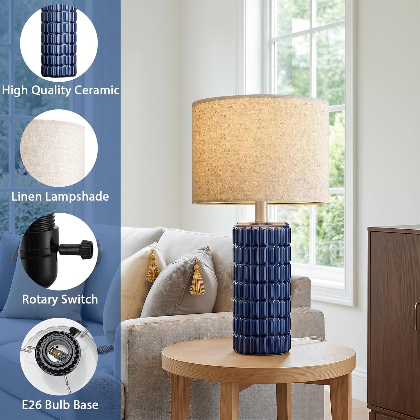 Seealle 23" Modern Ceramic Table Lamps Set of 2 - Table Lamps for Living Room, Farmhouse Bedside Night Stands Lamp for Bedroom, White Nightstand Lamps Set of 2, Desk Lamp for End Table Home Decor