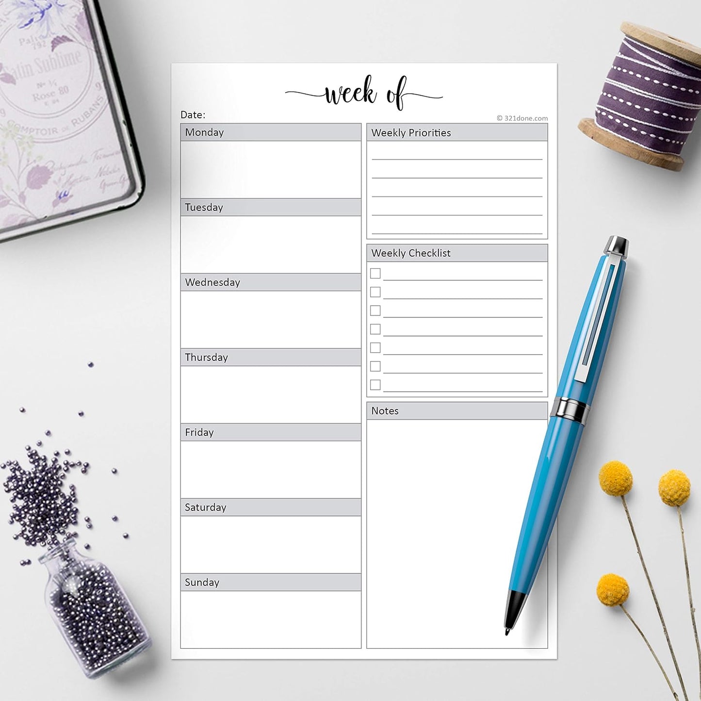 321Done Weekly Planning Notepad, 5.5x8.5 Size Pad - 50 Tear-Off Sheets, Undated Monday-Sunday Schedule, Daily Task Checklist And Prioriteis Planner for Home, Office & School - Made in USA