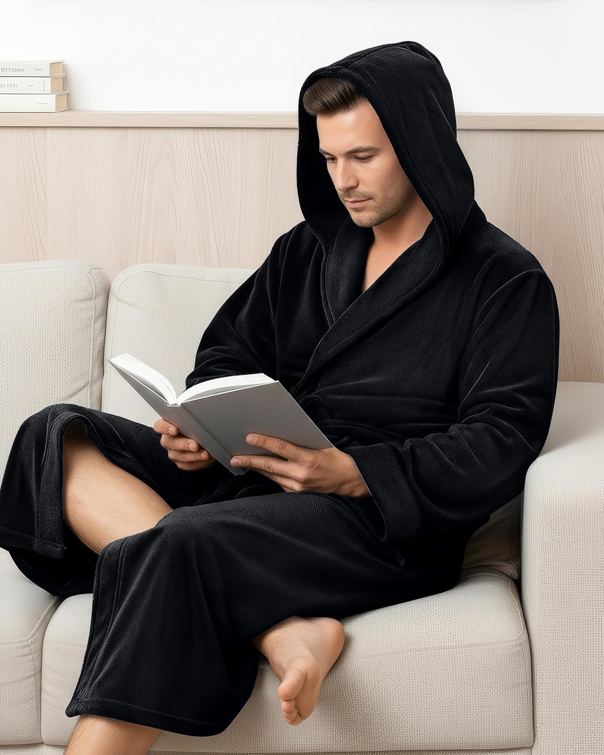 NY Threads Mens Robe with Hood, Luxury Plush Fleece Hooded Mens Bathrobe, Spa Bath Robe for Men