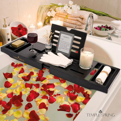 Temple Spring Bamboo Bathtub Tray Caddy for Tub — Expandable Wood Bath Tray with Solid Book Stand Wine Holder and Non-Slip Pads — Includes Bamboo Soap Dish and Spa Accessories — Luxury Bath Gift Set