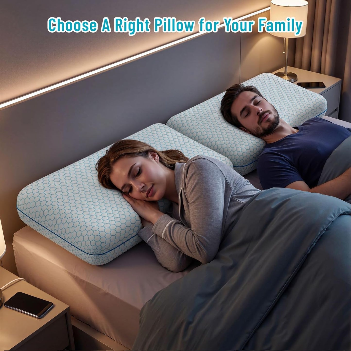 CushyOasis Memory Foam Pillows for Side, Back and Stomach Sleepers, Set of 2, Bed Pillow with Washable Cover and Breathable Mesh, Bed Pillow for Sleeping (Blue，Standard Size)