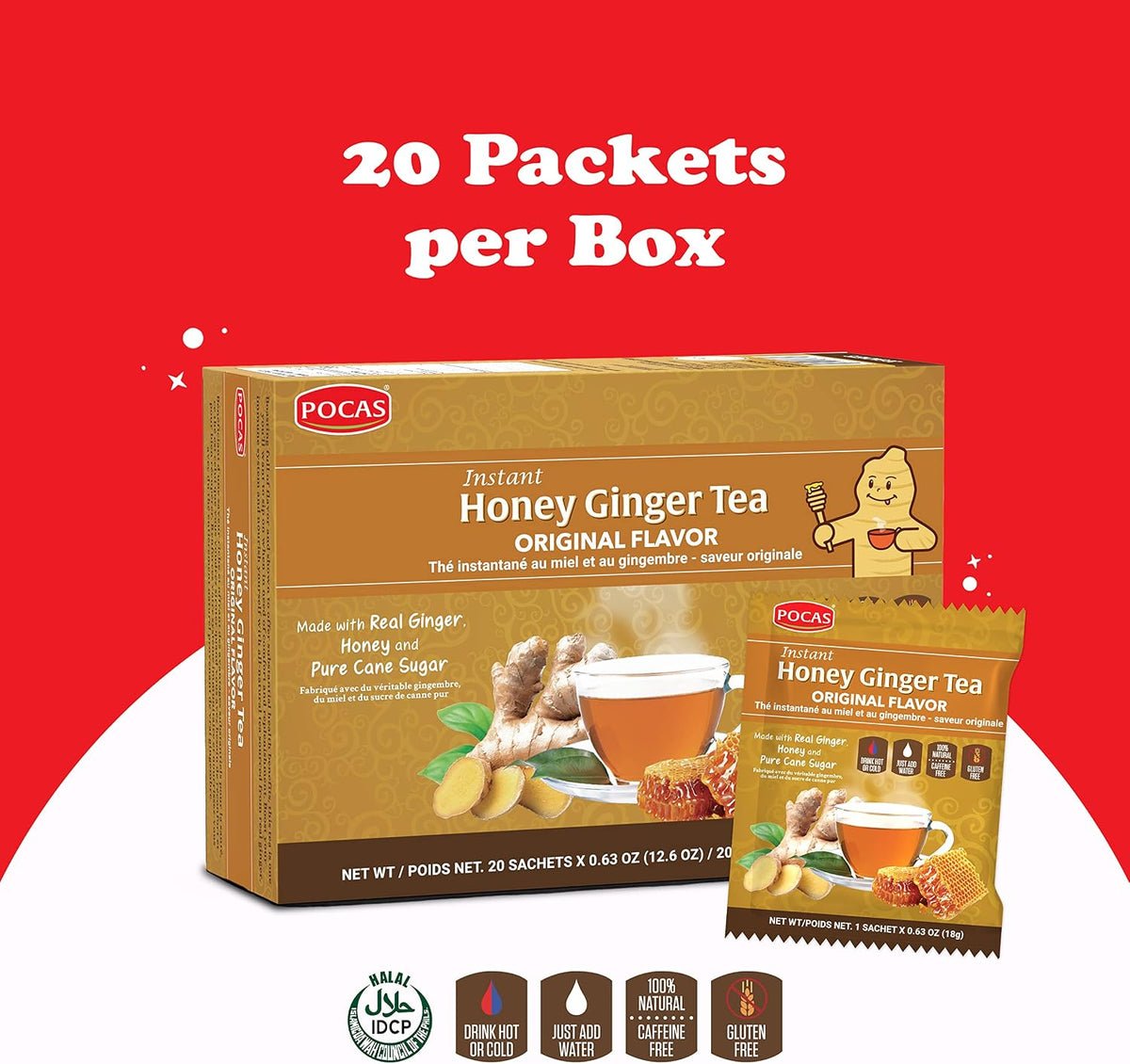 Pocas Honey Ginger Instant Tea Powder 2-Pack with Ginger Extract and Real Sweetener, Caffeine-Free Tea, 20 Packets per Box