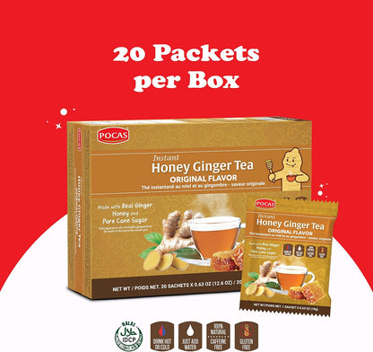 Pocas Honey Ginger Instant Tea Powder 2-Pack with Ginger Extract and Real Sweetener, Caffeine-Free Tea, 20 Packets per Box