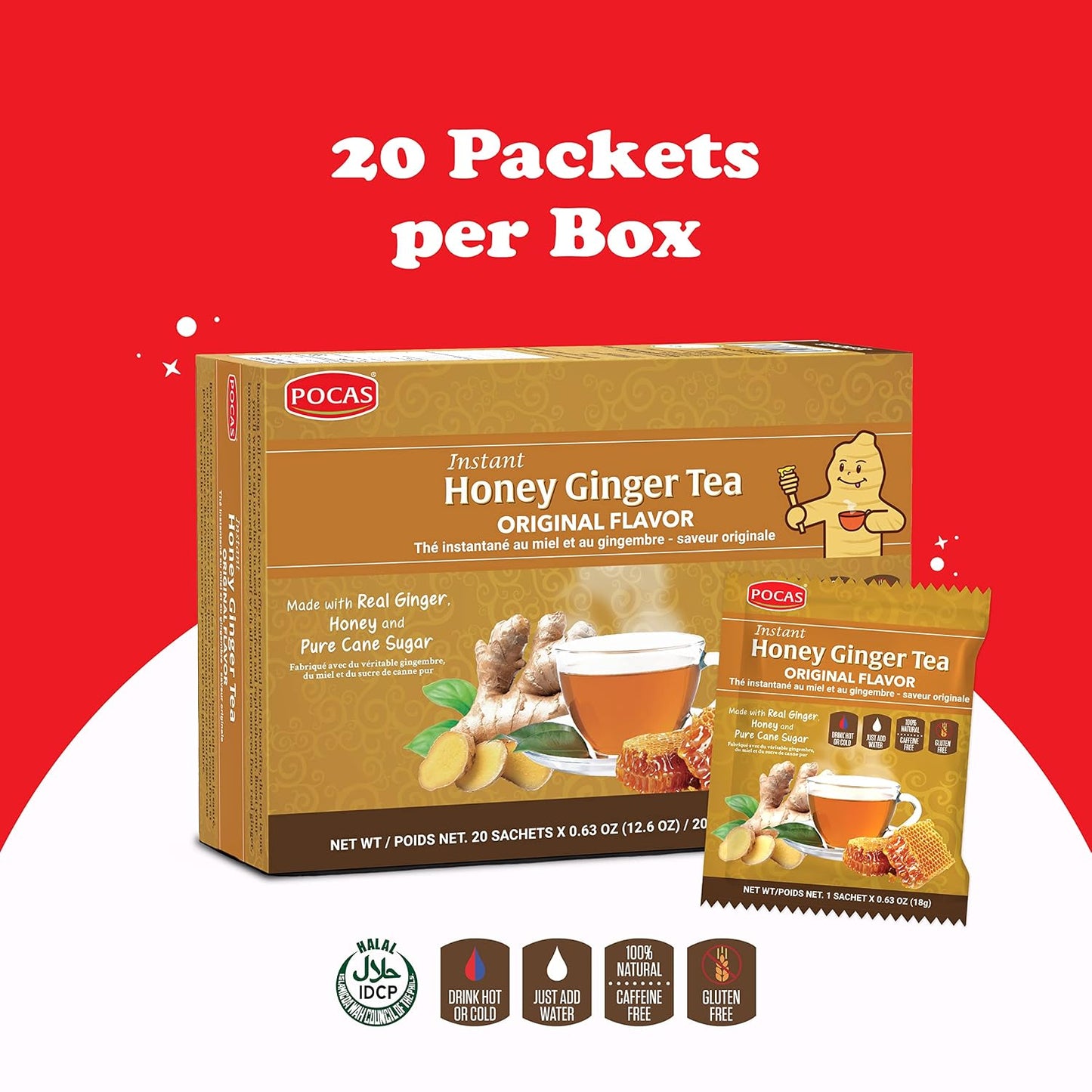 Pocas Honey Ginger Instant Tea Powder, Turmeric Flavor 2-Pack, Ginger Extract & Real Sweetener, Caffeine-Free Tea, 20 Packets per Box