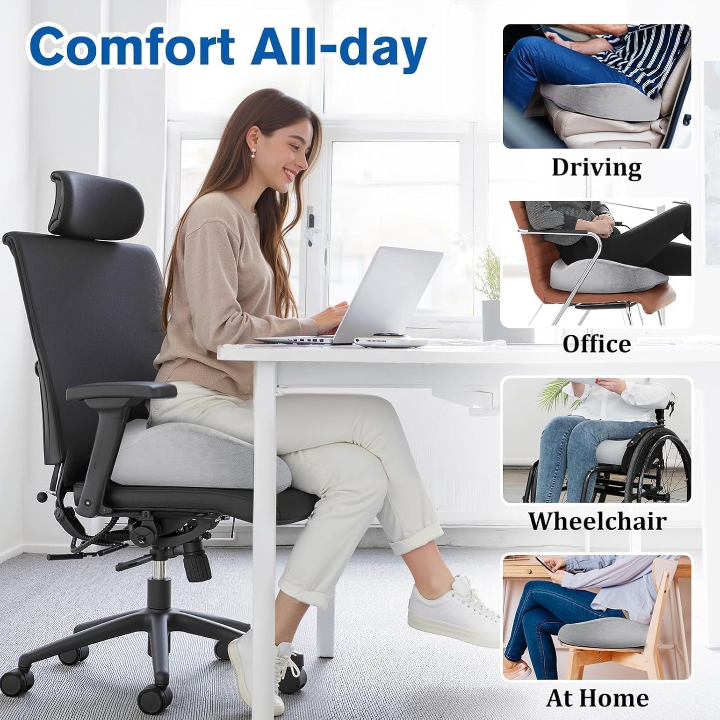 CushyOasis Seat Cushion, Gel Chair Cushions, Office Chair Cushions, Anti-Slip Bottom & Removable Cover Tailbone Pain Relief Cushion, Memory Foam Seat Cushion for Office, Wheelchair, Car (Black)