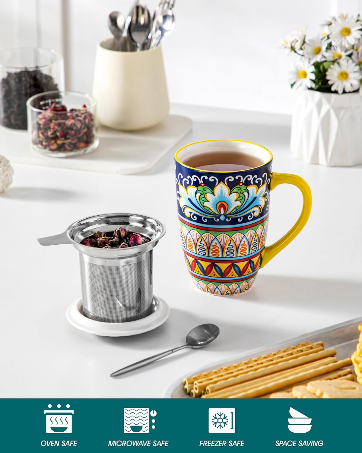 vancasso Ceramic Tea Mug with Infuser and Lid, 18 Ounce Bohemian Loose Leaf Cup, Microwave & Dishwasher Safe, Perfect for Tea, Coffee, Burnt-Cobalt Mandala