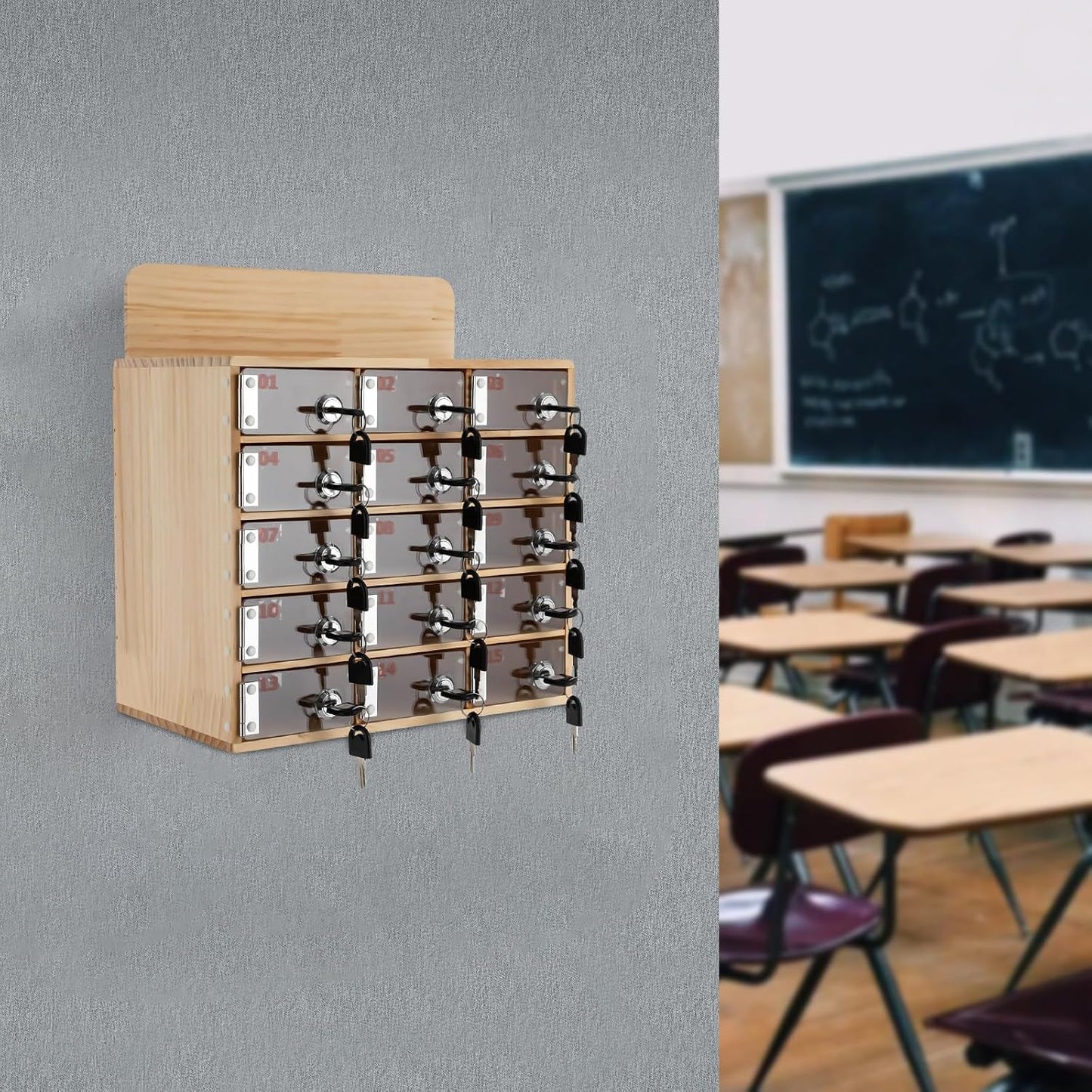 20-Slot Cell Phone Locker Box, Wood/Acrylic, Wall/Desk with Locks and Keys