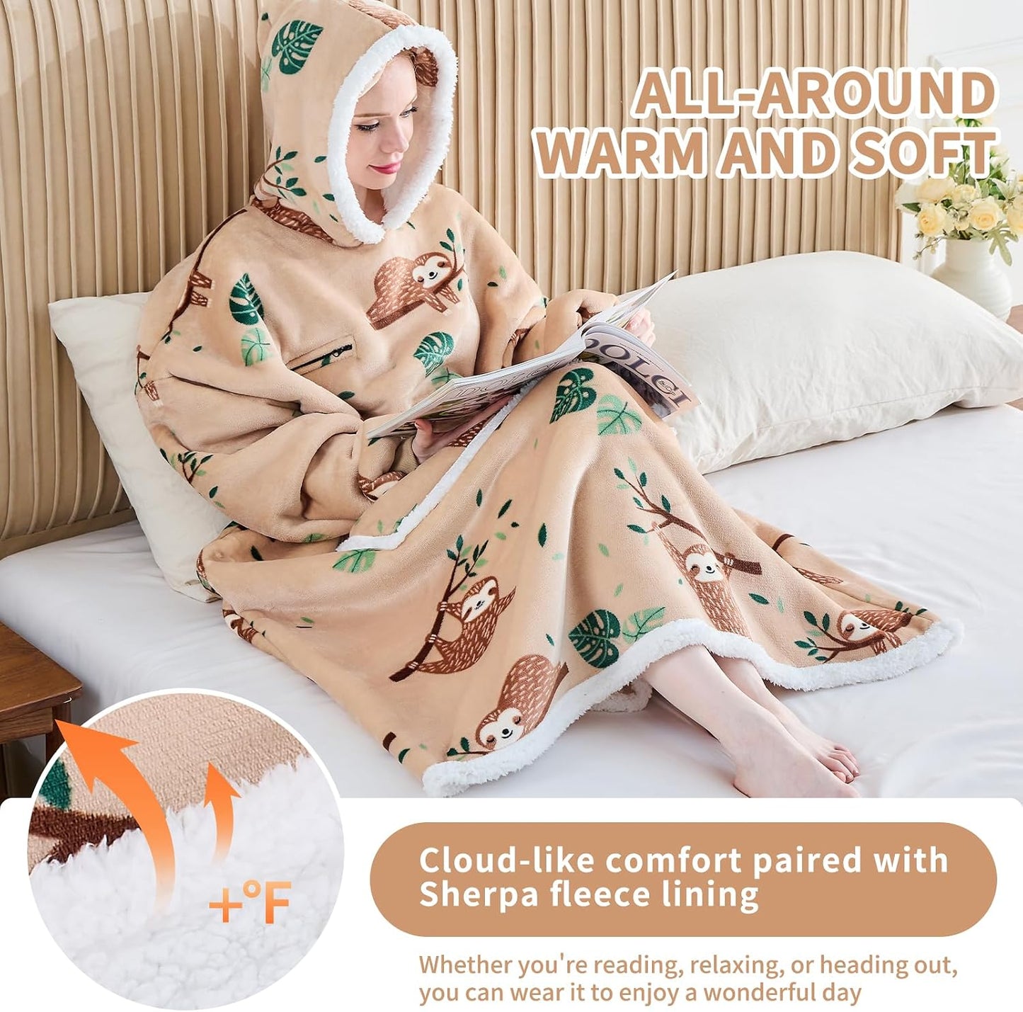 IFNOW Wearable Blanket Hoodie, Oversized Sherpa Fleece Hooded Blanket Sweatshirt with Eye Mask and Pocket, Comfy Long Flannel Blanket for Adults Men,Gifts for Women Mom Girlfriend,MoonFace