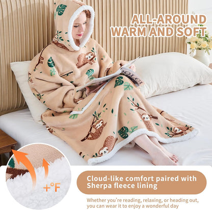 IFNOW Wearable Blanket Hoodie, Oversized Sherpa Fleece Hooded Blanket Sweatshirt with Eye Mask and Pocket, Comfy Long Flannel Blanket for Adults Men,Gifts for Women Mom Girlfriend,MoonFace