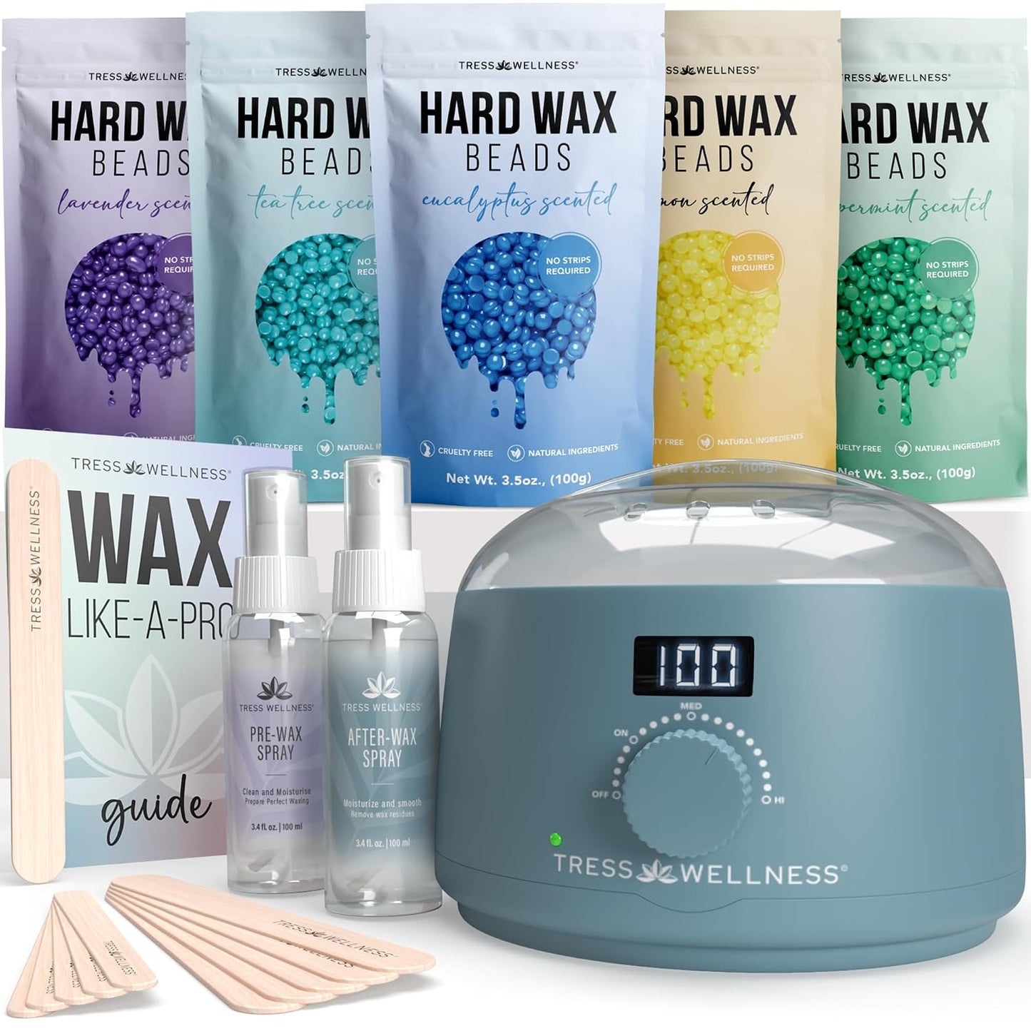 Tress Wellness Award Winning Waxing Kit for Sensitive Skin, Safe for Face & Skin, Easy to Use, At-Home Kit for Face, Bikini, Brazilian & Full Body - Digital Display, Black Purple Flower