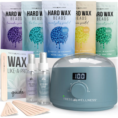Tress Wellness Award Winning Waxing Kit for Sensitive Skin, Safe for Face & Skin, Easy to Use, At-Home Kit for Face, Bikini, Brazilian & Full Body - Digital Display, Black Purple Flower