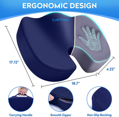 CushZone Seat Cushion - Memory Foam Office Chair Cushion for Sciatica, Tailbone & Back Pain Relief - Orthopedic Coccyx Pillow for Car, Airplane, Pregnancy & Long Sitting at Work, Black
