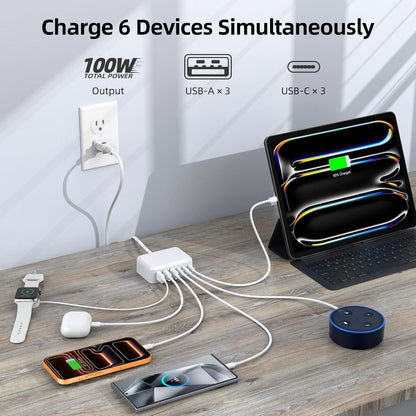100W 6 in 1 USB Charger, 50% Smaller Charging Station for Multiple Devices