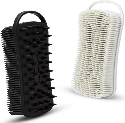 MtBoi 2 PC Silicone Body Scrubber, 2 in 1 Exfoliating Shower Bath Scrubber, Soft Silicone Loofah for Sensitive Skin, Shower Hair Scalp Massager, Easy to Clean, Lather Well (Grey&Black)