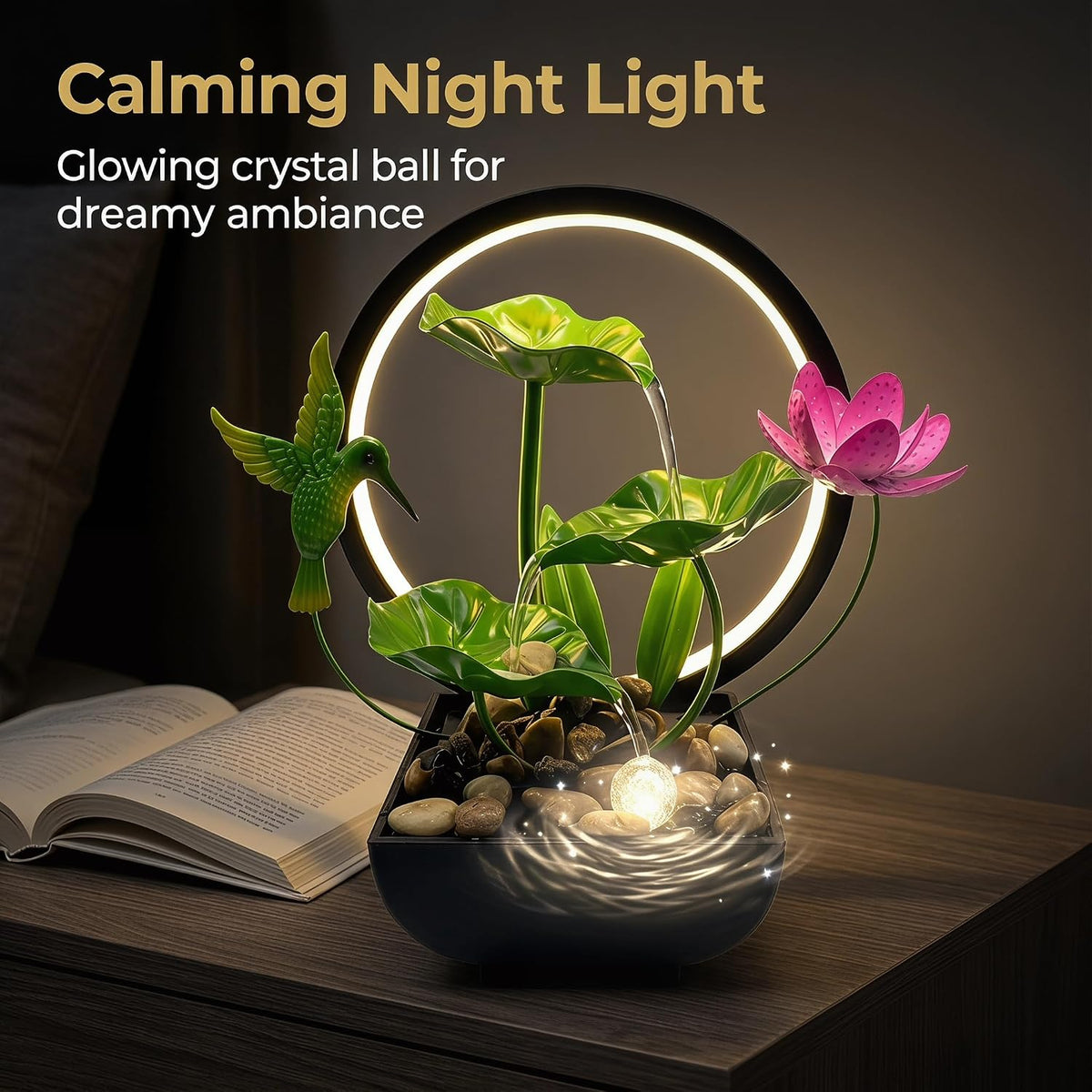 Tabletop Fountain,Indoor Water Fountain,Home Fengshui Décor Zen Relaxation Soothing Sound Machine for Office,Living Room,or Bedroom,Green Lotus,Hummingbird & Pink Flower,9.1inch