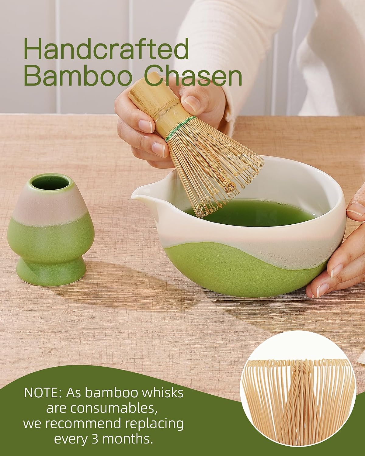 ZENS Matcha Whisk Set, Matcha Kit Set, Matcha Bowl with Spout, Bamboo Whisk & Scoop, Chasen Holder, 304 Sifter & Tea Mat, 6pcs Japaness Matcha Kit for Matcha Lovers, Birthday Gift, Pale Green