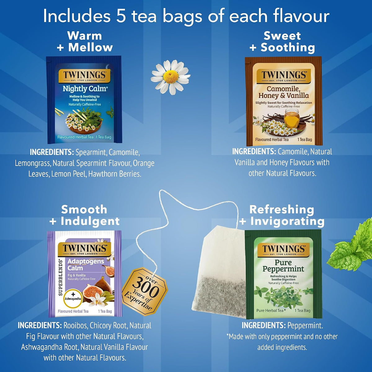 Twinings Calm & Cozy Bedtime Herbal Tea Variety, 20 Count, Pack of 2