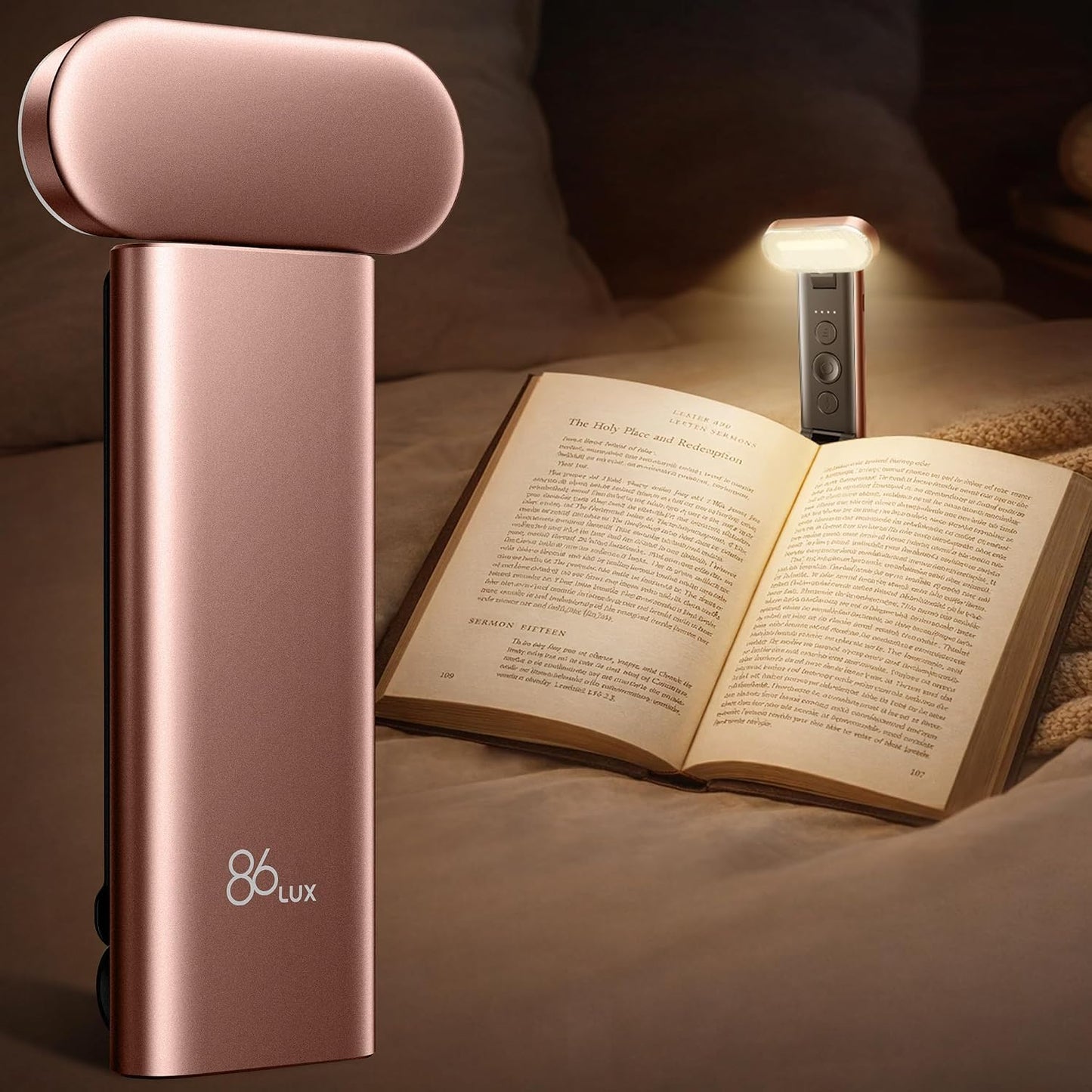 86lux Book Light, Reading Light for Book in Bed, USB Rechargeable LED Night Light with 3 Colors & Stepless Dimming, Aluminum Alloy Bookmark Light for Book Lovers, Aqua