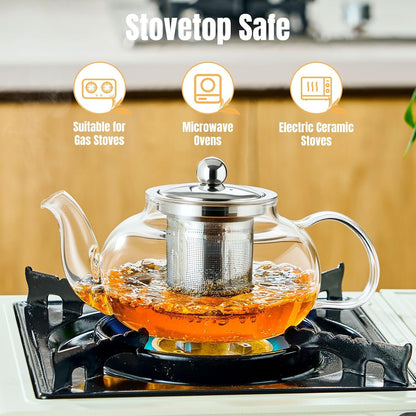Baalaka Glass Teapot Stovetop 20 OZ/600ml, Tea pot with Removable 18/8 Stainless Steel Infuser, Borosilicate Clear Tea Kettle, Teapot Blooming and Loose Leaf Tea Maker Tea Brewer for Camping, Travel