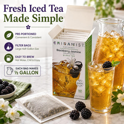 China Mist Iced Tea – Blackberry Jasmine Green Tea Infusion – Refreshing and Delicious – Each Tea Bag Yields 1/2 Gallon – 4 bags.