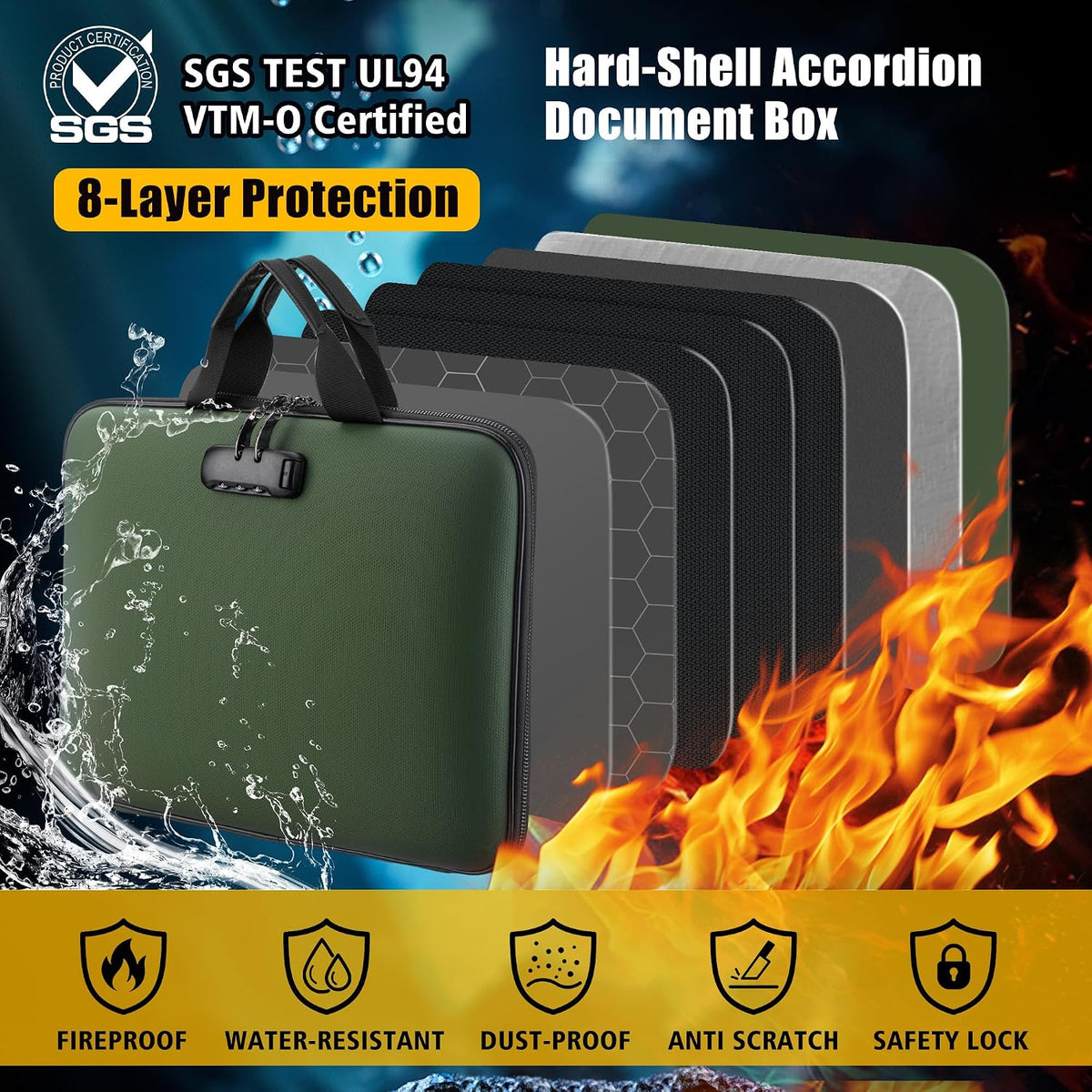 facka Fireproof Document Organizer Box with Lock, 13 Pocket Safe File Bag