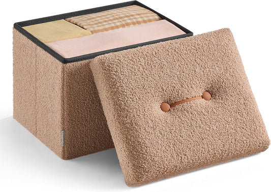 SONGMICS Small Folding Storage Ottoman, Foot Rest Stool, Cube Footrest, Synthetic Leather, 12.2 x 16.1 x 12.2 Inches, 286 lb Capacity, for Living Room, Bedroom, Dorm, Ink Black ULSF100B01