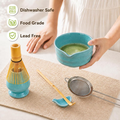 Matcha Whisk Set with Ceramic Bowl - Complete Matcha Making Kit, Bamboo Whisk (Chasen), Whisk Holder, Matcha Powder Sifter, Scoop, Japanese Tea Ceremony Tools（Green）