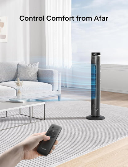 PELONIS 40 inch Bladeless Tower Fan for Bedroom, Standing Fan with Remote Control, 26ft/s, 90° Oscillation, 3 Speed Settings, 27dB, 3 Modes, 15-Hour Timer, LED Display, Fan that Blows Cold Air, White