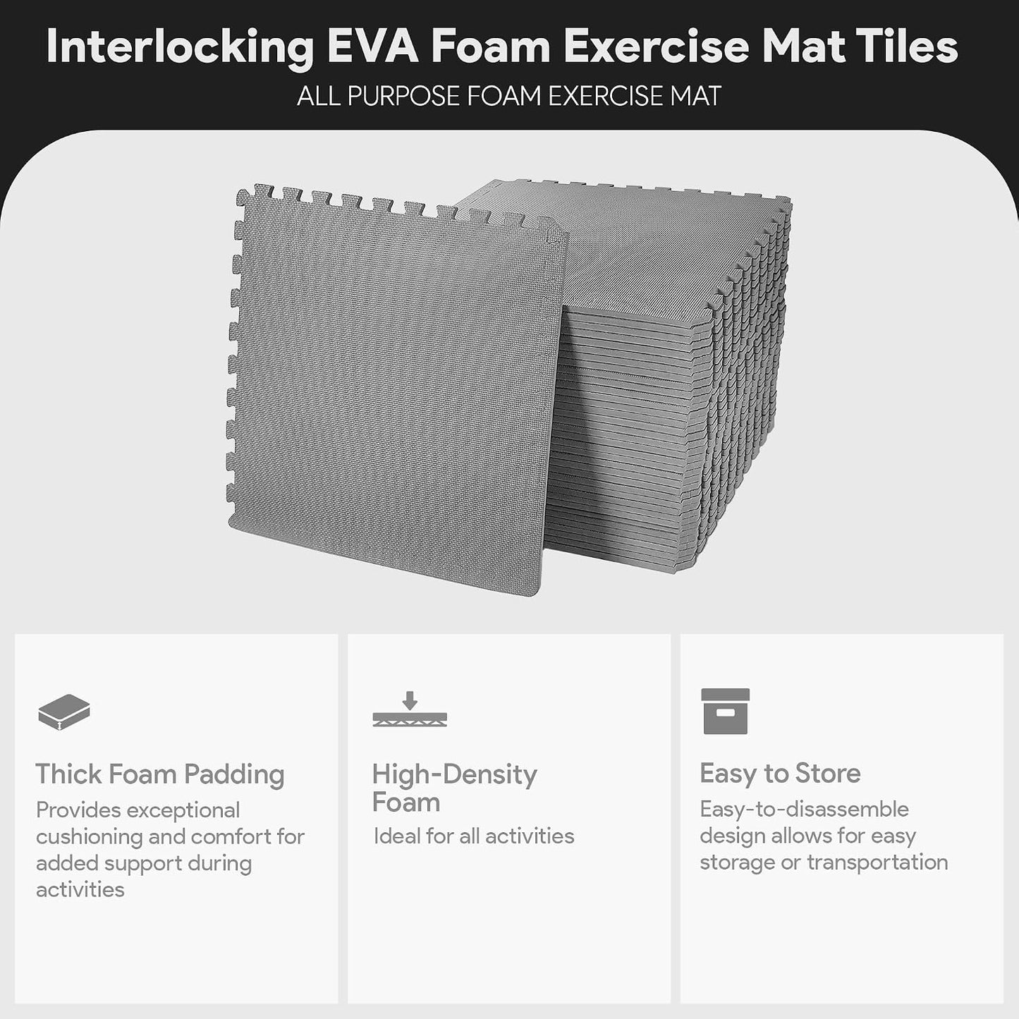 BalanceFrom Puzzle Exercise Mat 1/2" Thick, EVA Interlocking Foam Floor | Tiles for Home Gym, Mat for Home Workout Equipment, Floor Padding for Kids, Black, 24 in x 24 in x 1/2 in, 144 Sq Ft-36 Tiles