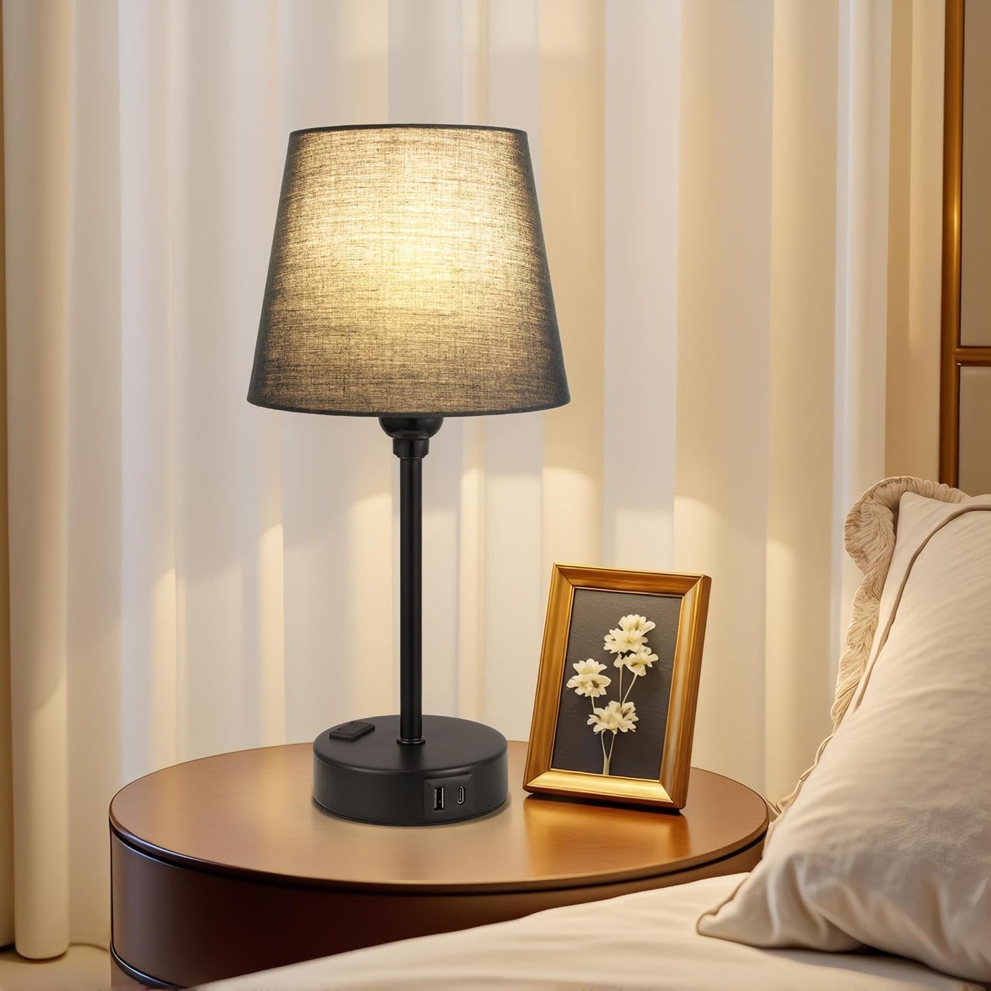Mini Bedside Lamps for Bedrooms Set of 2 - Nightstand Bedroom Lamps with USB C Port and AC Outlet Charging, Dimmable Touch Small Bed Side Table Lamp, Black Night Stand Light for Kids/Guest Room