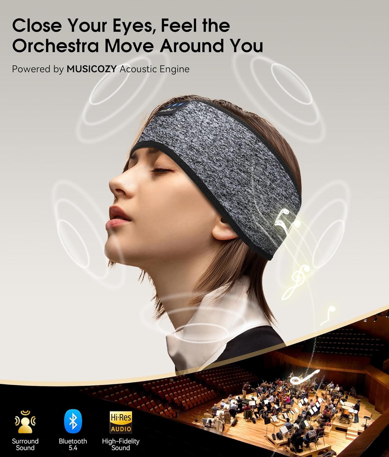 MUSICOZY Sleep Headphones Bluetooth 5.4 Headband, Wireless Earphones Music Sleep Earbuds Sleeping Eye Mask with HD Stereo Speakers for Workout Running Travel Yoga, Ideal Gifts for Men Women Mom Dad