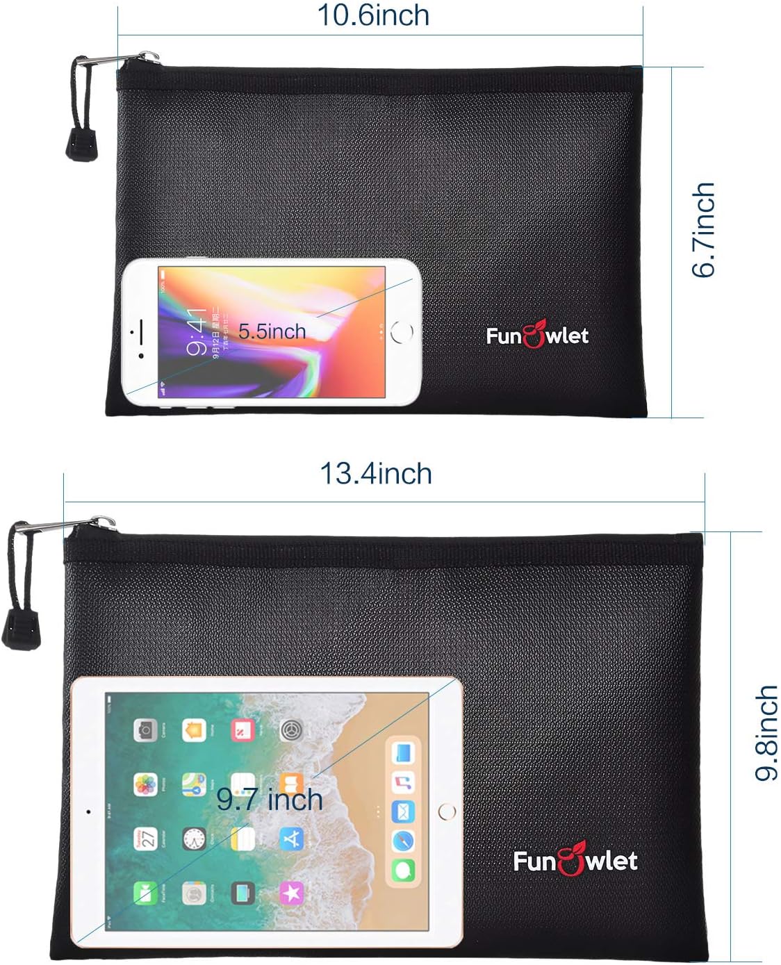 Fireproof Waterproof Money Document Bag, 2Pack Safe Pouch Black