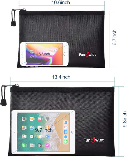 Fireproof Waterproof Money Document Bag, 2Pack Safe Pouch Black