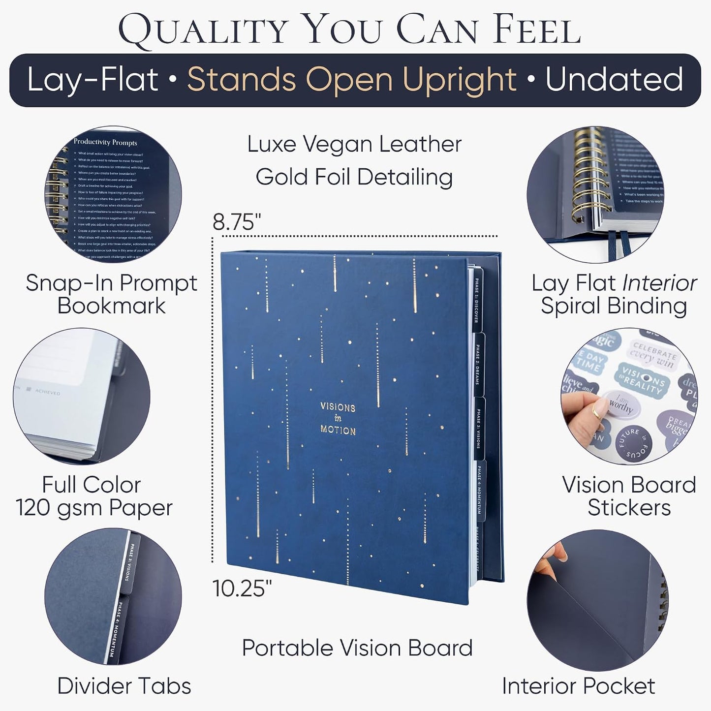 Vision Board Kit & Guided Manifestation Journal | Goal Planner & Habit Tracker, Self Care & Reflection Tools | Undated Vegan Leather Hardcover | Visions in Motion Portable Vision Board