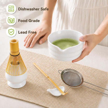Matcha Whisk Set with Ceramic Bowl - Complete Matcha Making Kit, Bamboo Whisk (Chasen), Whisk Holder, Matcha Powder Sifter, Scoop, Japanese Tea Ceremony Tools（Green）