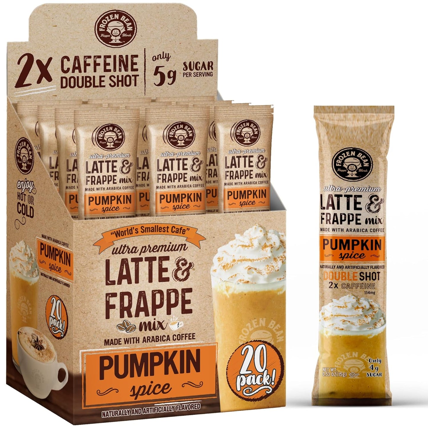 The Frozen Bean Vanilla Bean Frappe & Latte Instant Mix (10 Sticks), Made with Arabica Coffee, Double Shot Caffeine, Low Sugar & Premium Ingredients, Hot, Iced, or Blended Drinks
