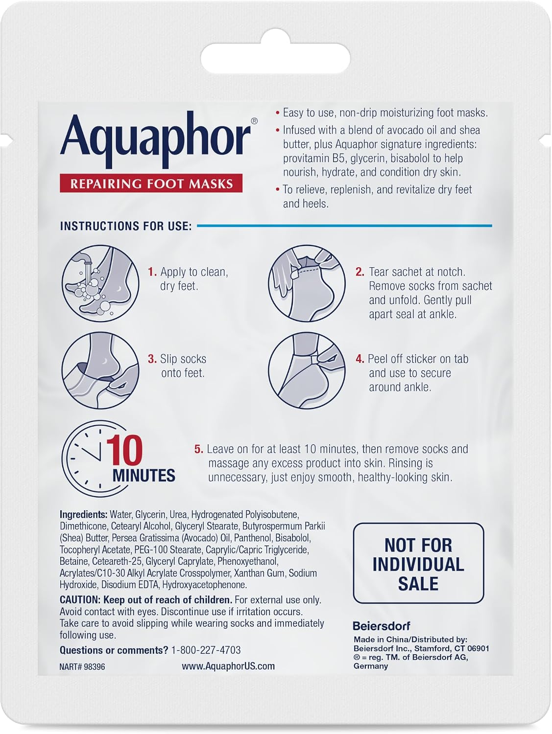 Aquaphor Repairing Foot Masks, Moisturizing Socks for Dry Feet, Hydrating Foot Care Treatment with Avocado Oil and Shea Butter, Pack of 6