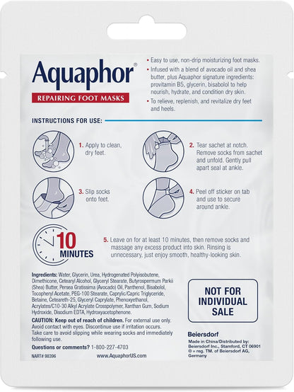 Aquaphor Repairing Foot Masks, Moisturizing Socks for Dry Feet, Hydrating Foot Care Treatment with Avocado Oil and Shea Butter, Pack of 6